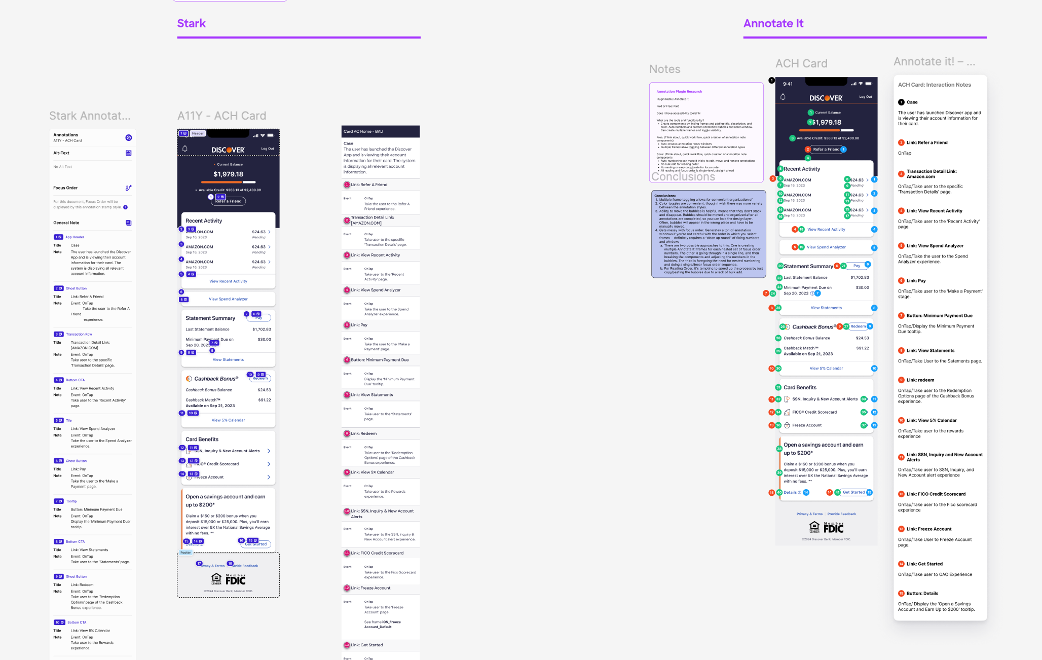 Figma view of the four plugins we tested, with annotations on the left and plugin interfaces on the right